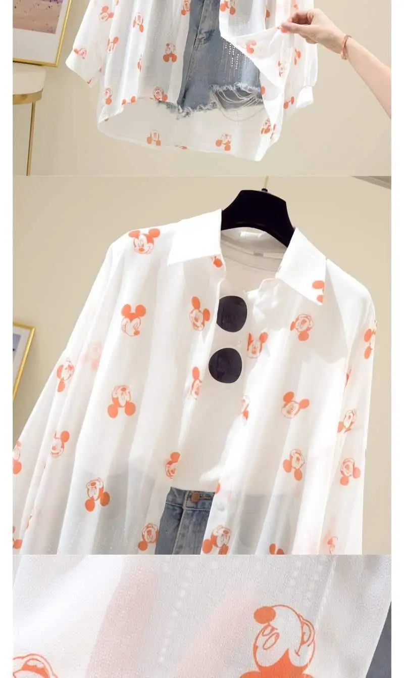 Mickey Mouse Blouse Ladies Long Sleeve Women Shirt Beach Shirts Kawaii Cartoon Summer Disney Clothes Cover-Up Top Casual