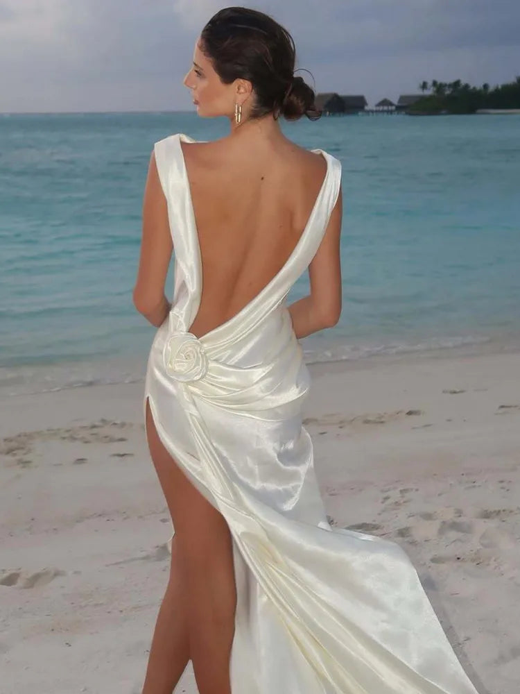 Mozision Satin Backless Sexy Maxi Dress For Women Elegant Rose Thigh High Split Beach Holiday Long Dress Gorgeous Club Gown