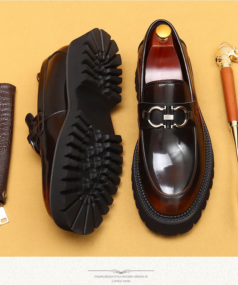cow leather British loafers men glossy leather business casual Heightenin shoes non slip tire soles dress shoes Round toe shoes