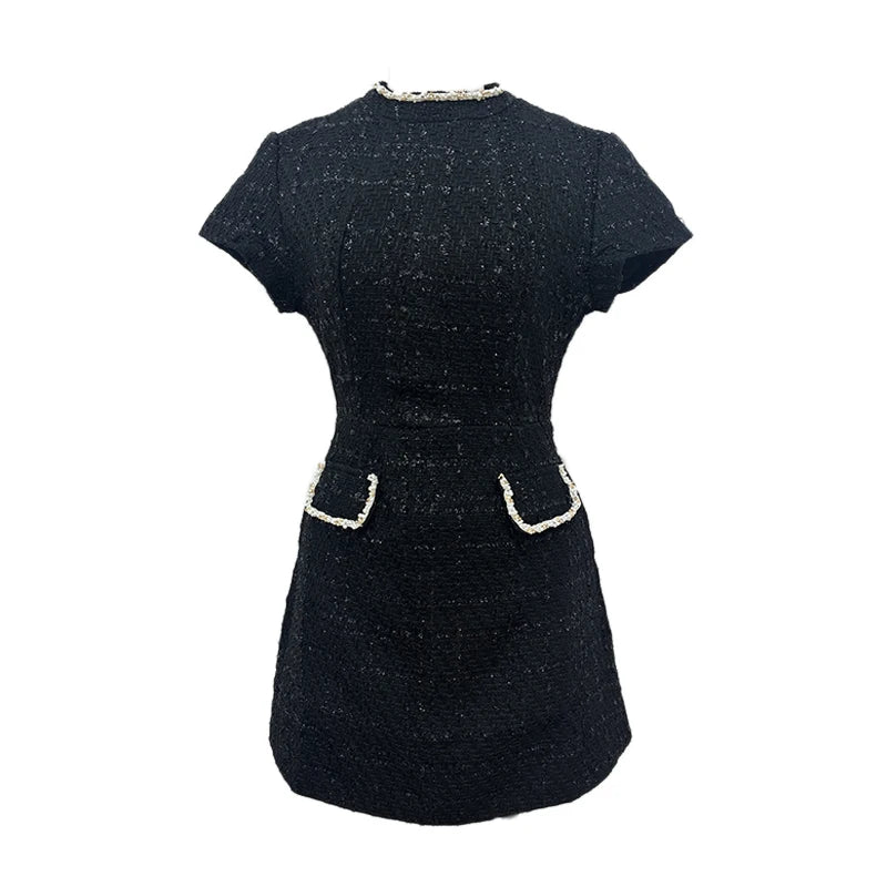 White Shoulder Pad Short Sleeve Party Dress Women's Elegant Tweed A-line O-neck Patchwork Luxury Black Evening Dresses Birthday