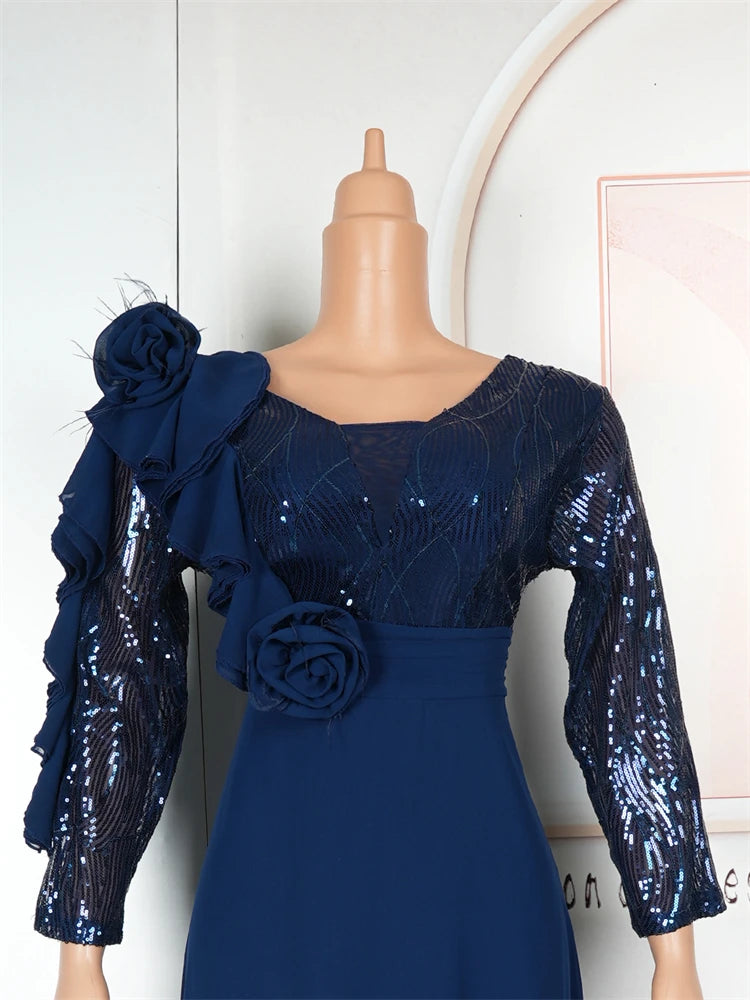 Long Sleeve Chiffon Dresses For Women African Dashiki Sequin Robe Dubai Abaya Wedding Party Birthday Gown 2025 Summer Clothing