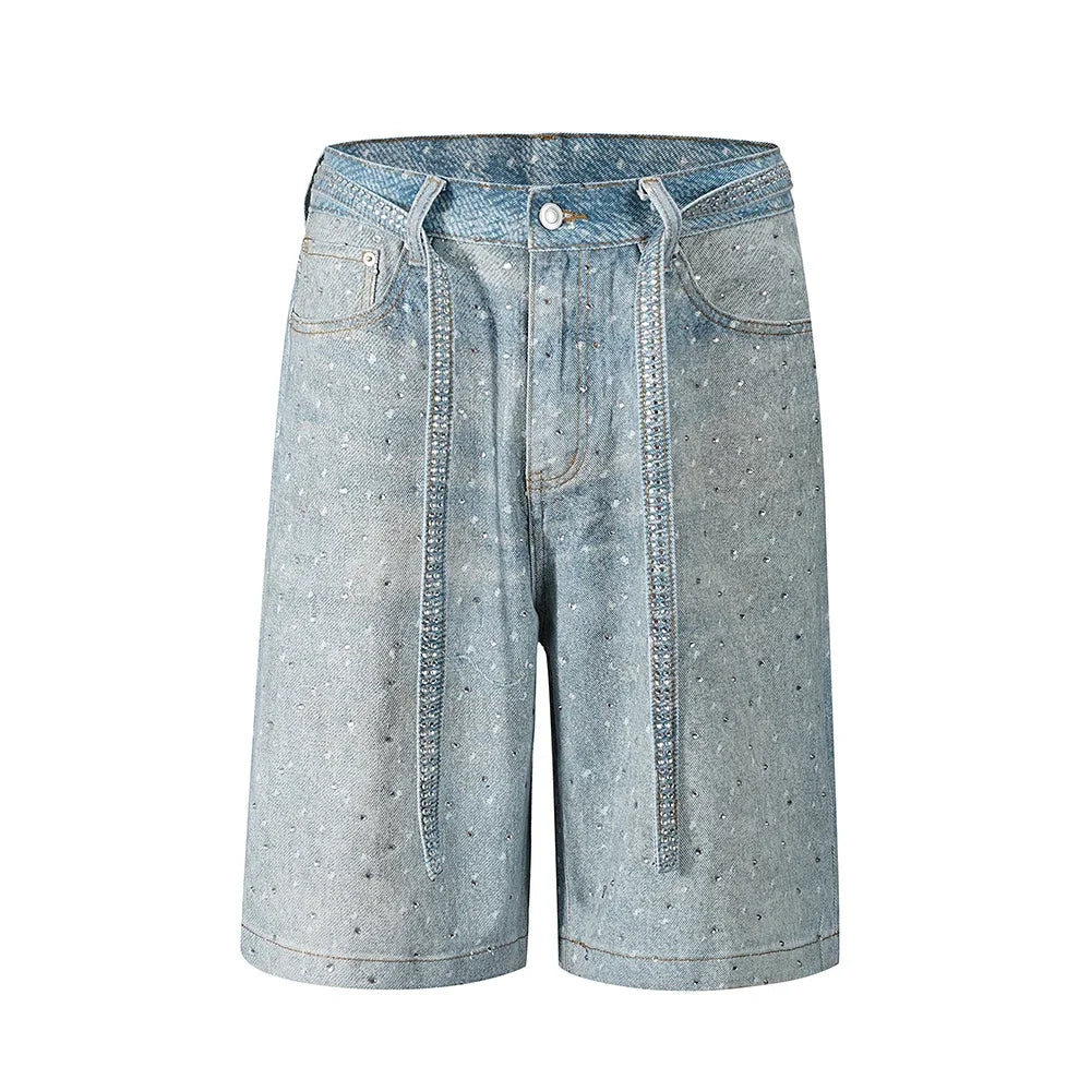 Full Rhinestone Print Washed Blue Baggy Jeans Mens and Women Ropa Hombre Streetwear Solid Casual Denim Trousers Loose Cargos