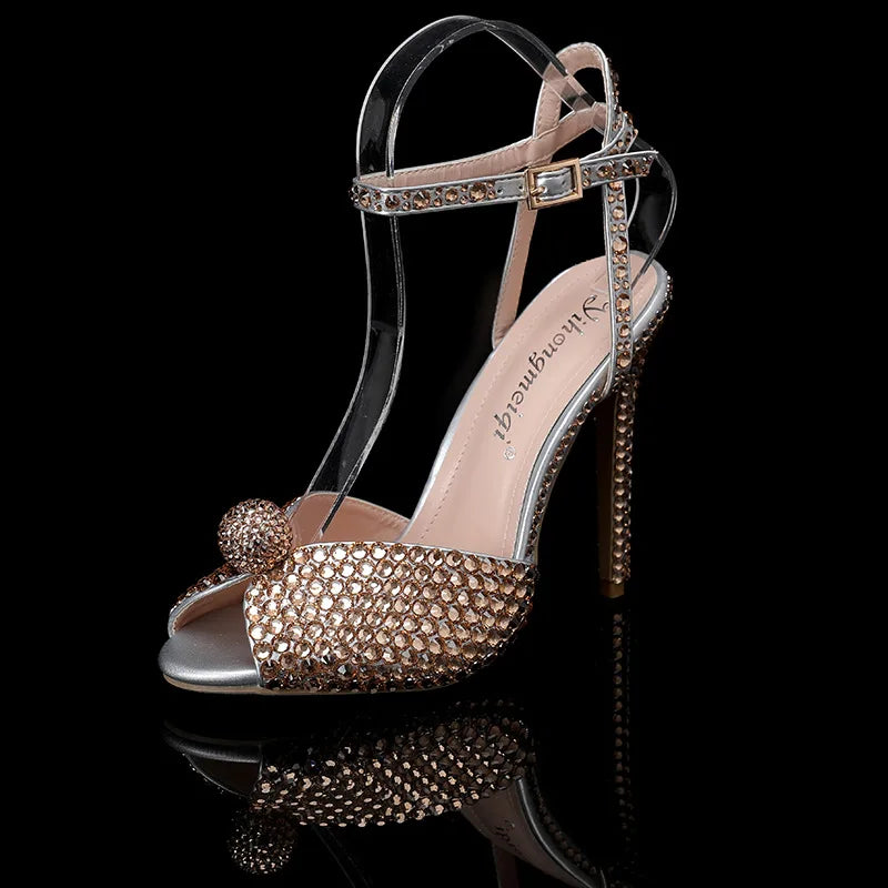 2024 Autumn New Fish Mouth High Heels Slim Heels Shallow Mouth Water Diamond Pearl Women's Single Shoes Wedding Wedding Shoes
