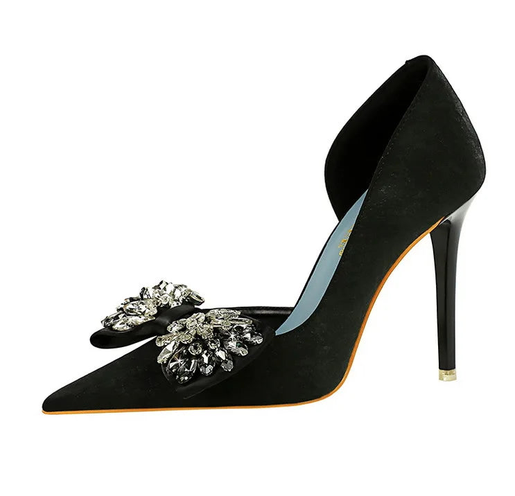 BIGTREE Shoes Rhinestone Bow Women Pumps Luxury Banquet Shoes Sexy High Heels Women Stilettos Party Shoes Large Size 41 42 43