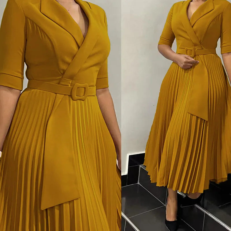 Pleated Dress Women Sexy Dresses White Round Neck Slim Sheath Work High Waist Hip Wrap Elegant Bodycon Mid Length Vestidos