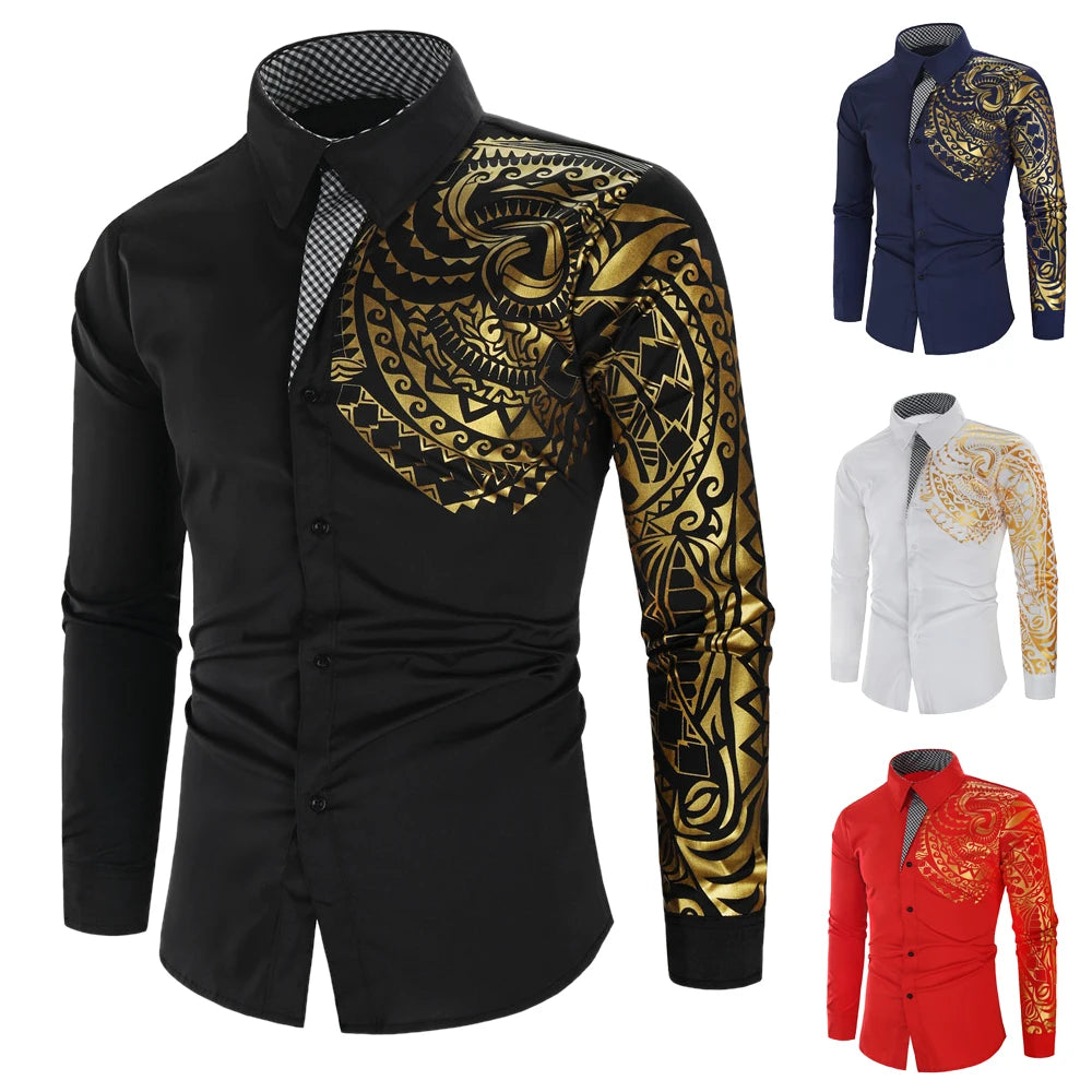 2024 Men's Brand Shirt, Luxury Gold High Quality Long Sleeve Shirts, Business White Black Men Dress Prom Social Print Shirts