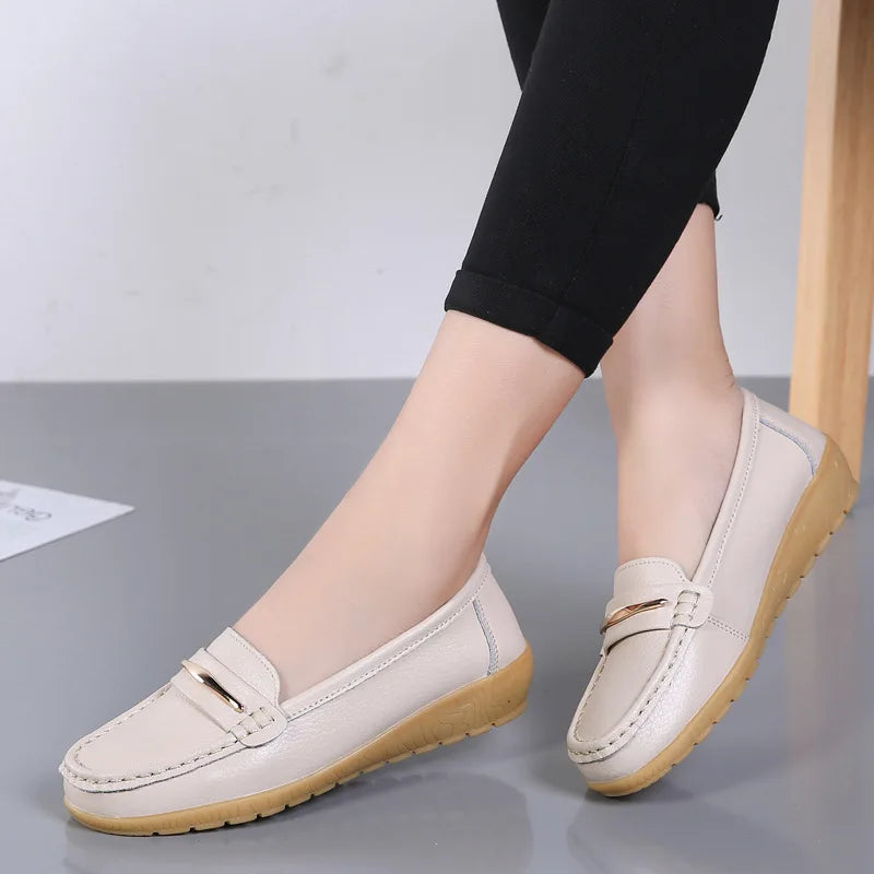 WOIZGIC Women's Mother Ladies Woman Female Genuine Leather Shoes Flats Loafers Platform Bling Slip On Moccasins Plus Size 43 44