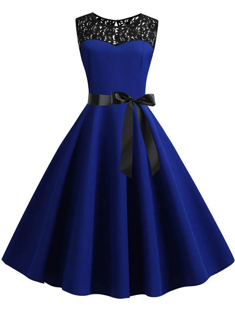 Blue Lace Patchwork Summer Dress Women Elegant Vintage Party Dress Casual Office Ladies Work Dress