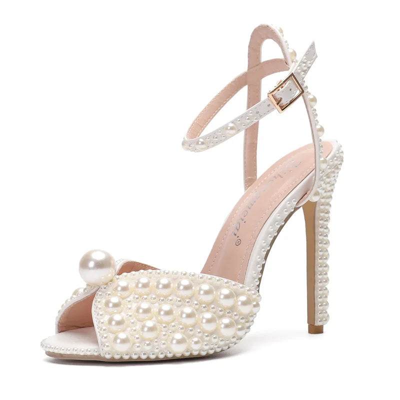 2024 Autumn New Fish Mouth High Heels Slim Heels Shallow Mouth Water Diamond Pearl Women's Single Shoes Wedding Wedding Shoes