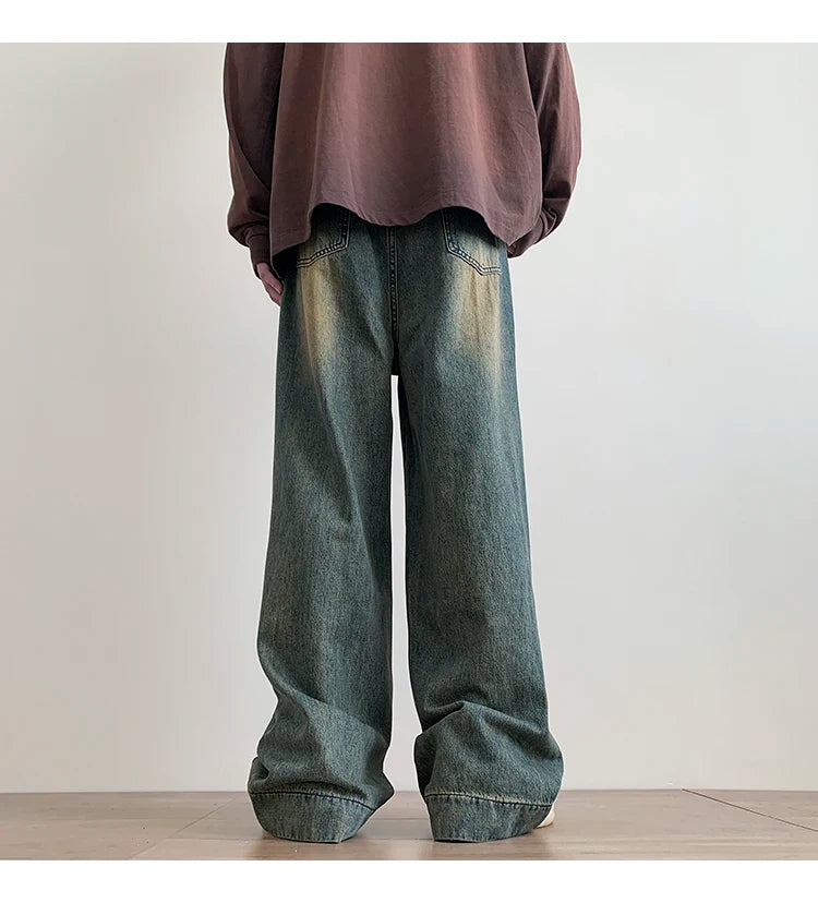Distressed Vintage Blue Jeans Pants Men Wide-leg Denim Trousers Male Oversize Streetwear Fashion Casual Baggy Straight Jeans