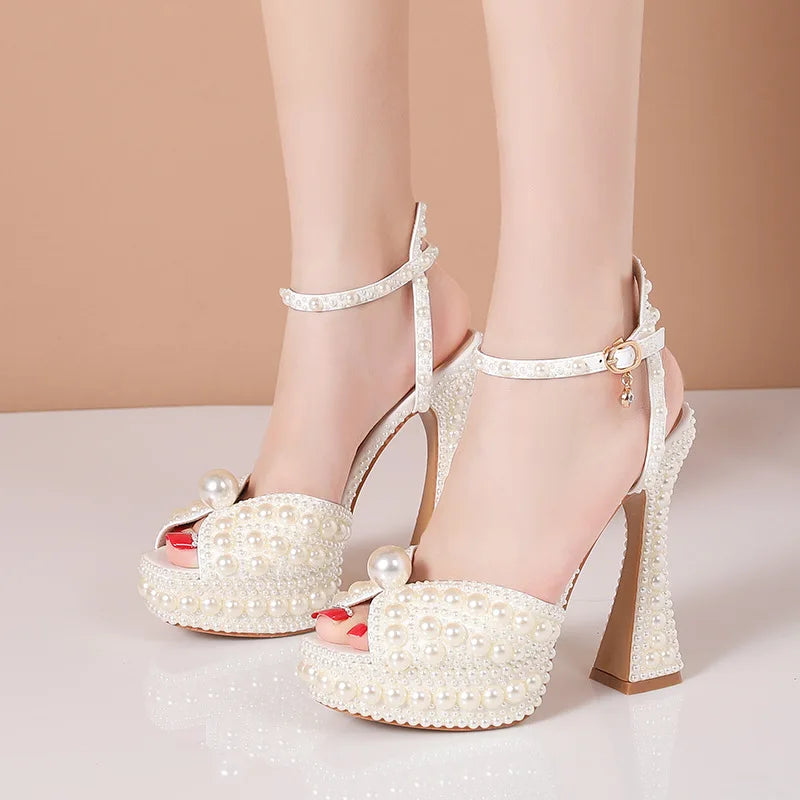 2024 Autumn New Fish Mouth High Heels Slim Heels Shallow Mouth Water Diamond Pearl Women's Single Shoes Wedding Wedding Shoes