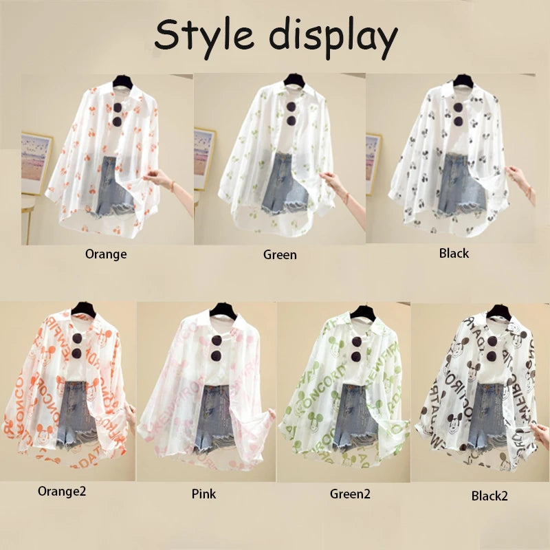 Mickey Mouse Blouse Ladies Long Sleeve Women Shirt Beach Shirts Kawaii Cartoon Summer Disney Clothes Cover-Up Top Casual