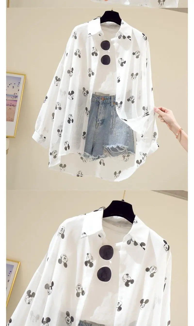 Mickey Mouse Blouse Ladies Long Sleeve Women Shirt Beach Shirts Kawaii Cartoon Summer Disney Clothes Cover-Up Top Casual
