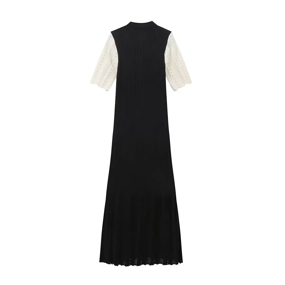 Elegant Knitted Patchwork Midi Dress Women's Short Sleeve High Waist Casual Single-Breasted Curvy Dresses Summer Black Apricot