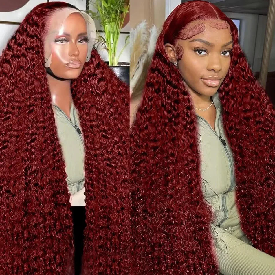 30 40 Inch 99J Burgundy 13x6 Hd Lace Frontal Human Hair Wig Red Colored 13x4 Transparent Lace Curly Deep Wave Frontal Wig