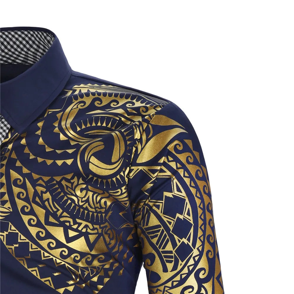 2024 Men's Brand Shirt, Luxury Gold High Quality Long Sleeve Shirts, Business White Black Men Dress Prom Social Print Shirts