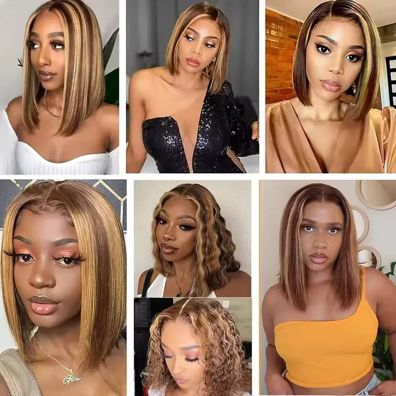200% 16 Inch Highlight Short Bob Wigs 13X6 Straight Hd Lace Front Ombre Brown Frontal Glueless Bob Wig Human Hair Ready to Wear
