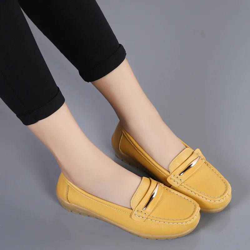 WOIZGIC Women's Mother Ladies Woman Female Genuine Leather Shoes Flats Loafers Platform Bling Slip On Moccasins Plus Size 43 44