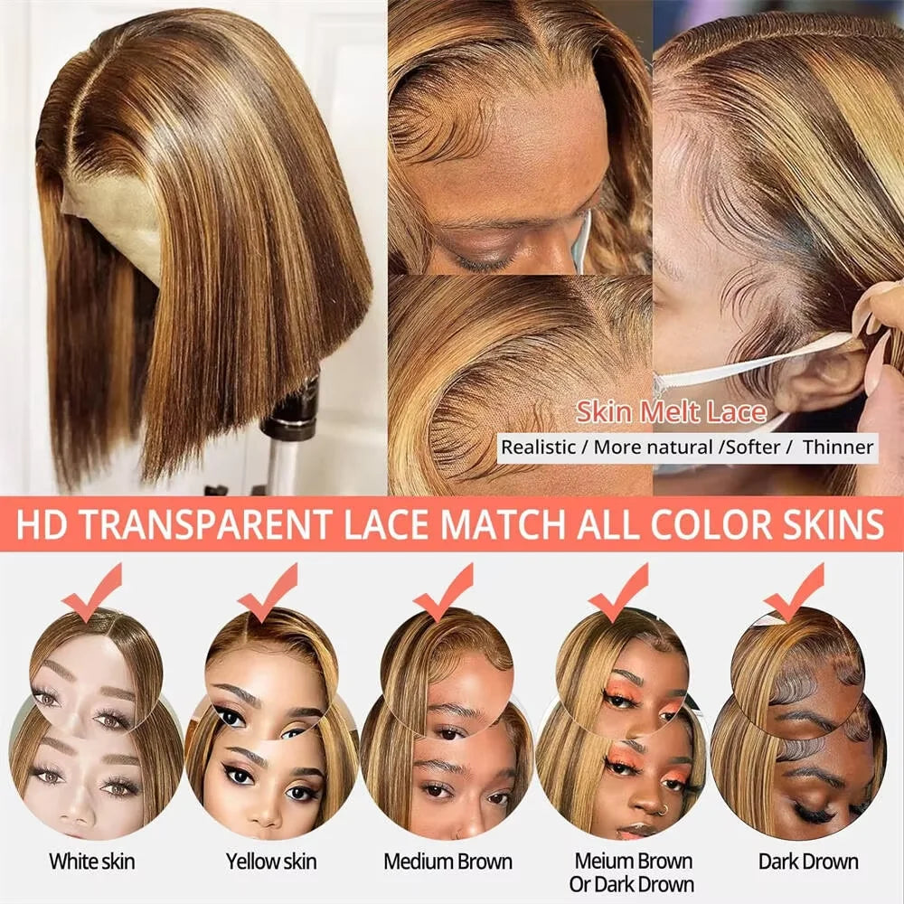 200% 16 Inch Highlight Short Bob Wigs 13X6 Straight Hd Lace Front Ombre Brown Frontal Glueless Bob Wig Human Hair Ready to Wear