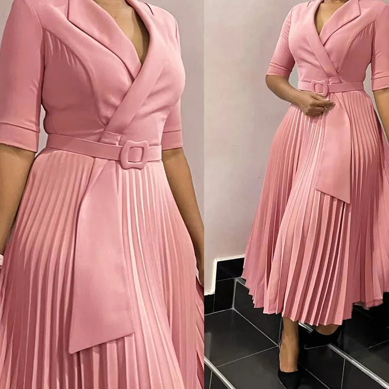 Pleated Dress Women Sexy Dresses White Round Neck Slim Sheath Work High Waist Hip Wrap Elegant Bodycon Mid Length Vestidos