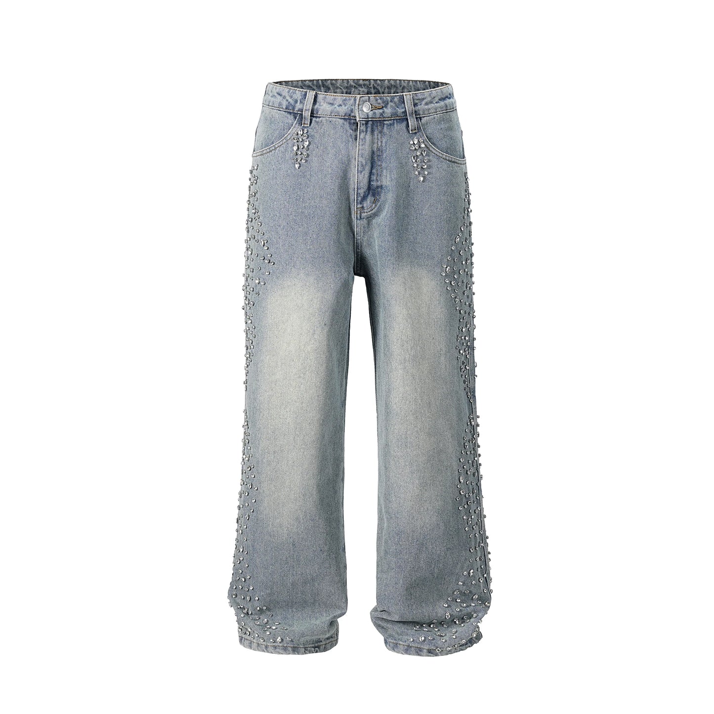 Full Rhinestone Print Washed Blue Baggy Jeans Mens and Women Ropa Hombre Streetwear Solid Casual Denim Trousers Loose Cargos