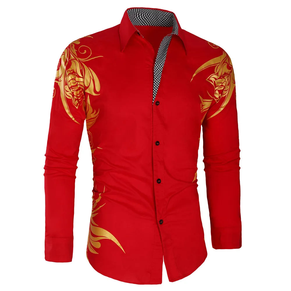 2024 Men's Brand Shirt, Luxury Gold High Quality Long Sleeve Shirts, Business White Black Men Dress Prom Social Print Shirts