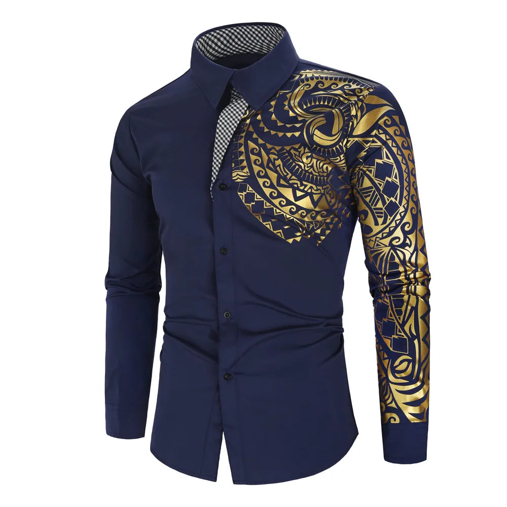 2024 Men's Brand Shirt, Luxury Gold High Quality Long Sleeve Shirts, Business White Black Men Dress Prom Social Print Shirts