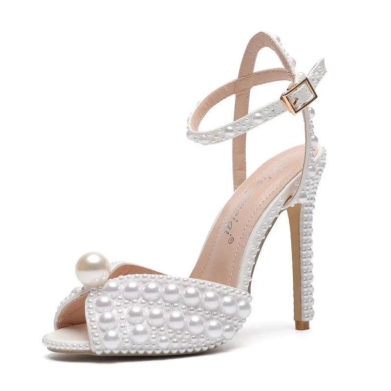 2024 Autumn New Fish Mouth High Heels Slim Heels Shallow Mouth Water Diamond Pearl Women's Single Shoes Wedding Wedding Shoes