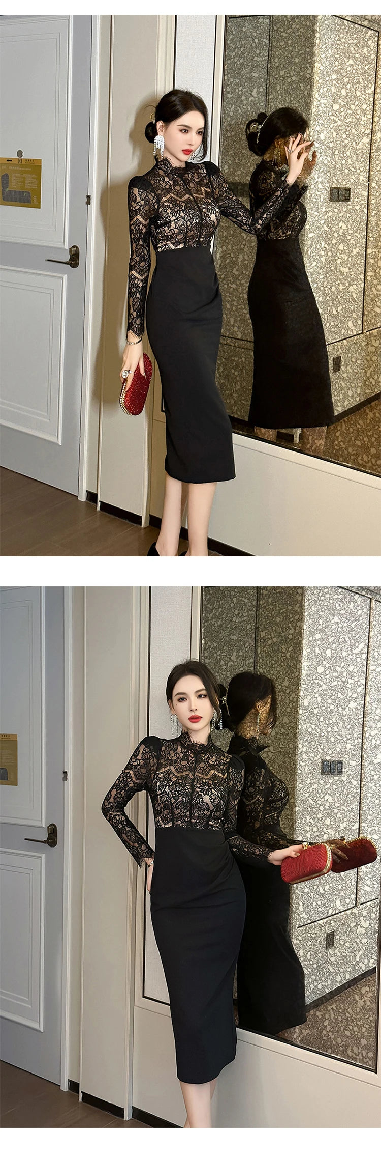 New Women's French  Elegant Black Dress Celebrity Sheer Lace Spliced Midi Robe Professional Business Vestidos Mujer Party Gown