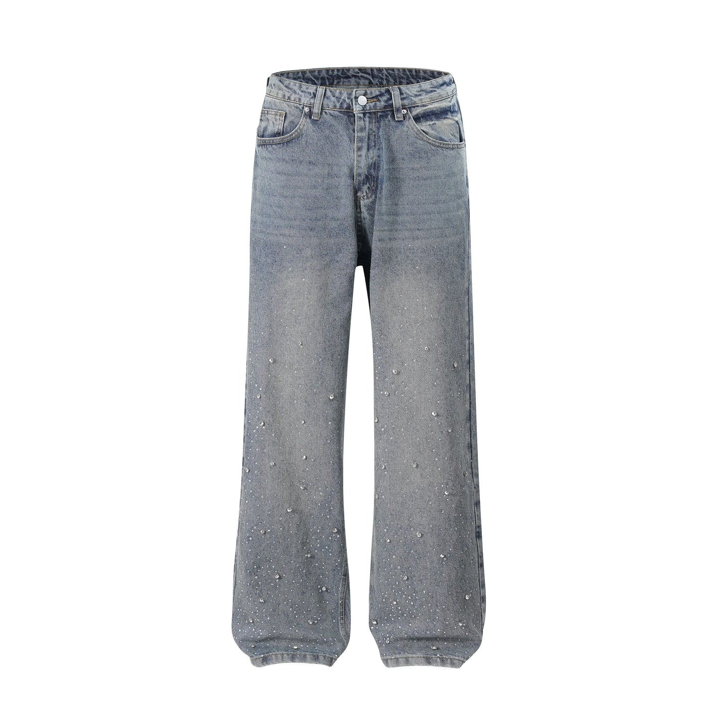Full Rhinestone Print Washed Blue Baggy Jeans Mens and Women Ropa Hombre Streetwear Solid Casual Denim Trousers Loose Cargos
