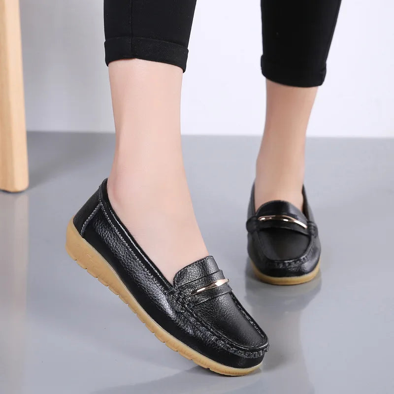 WOIZGIC Women's Mother Ladies Woman Female Genuine Leather Shoes Flats Loafers Platform Bling Slip On Moccasins Plus Size 43 44