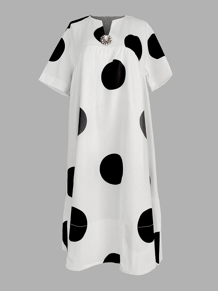 Modigirl Women Midi Shirts Dress 2025 Summer Short Sleeves Black and White Polka Dot Daily Casual Simple Female A-line Dresses