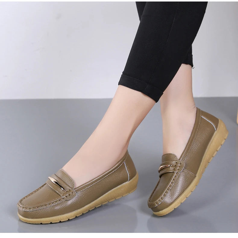 WOIZGIC Women's Mother Ladies Woman Female Genuine Leather Shoes Flats Loafers Platform Bling Slip On Moccasins Plus Size 43 44