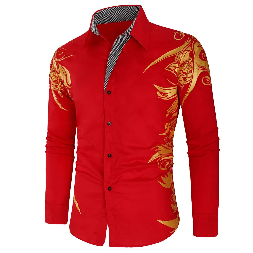 2024 Men's Brand Shirt, Luxury Gold High Quality Long Sleeve Shirts, Business White Black Men Dress Prom Social Print Shirts