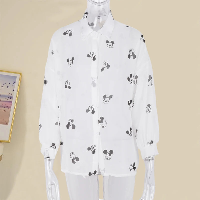 Mickey Mouse Blouse Ladies Long Sleeve Women Shirt Beach Shirts Kawaii Cartoon Summer Disney Clothes Cover-Up Top Casual