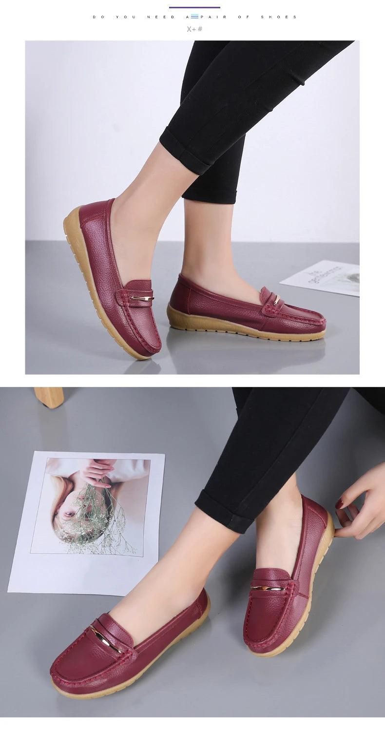 WOIZGIC Women's Mother Ladies Woman Female Genuine Leather Shoes Flats Loafers Platform Bling Slip On Moccasins Plus Size 43 44