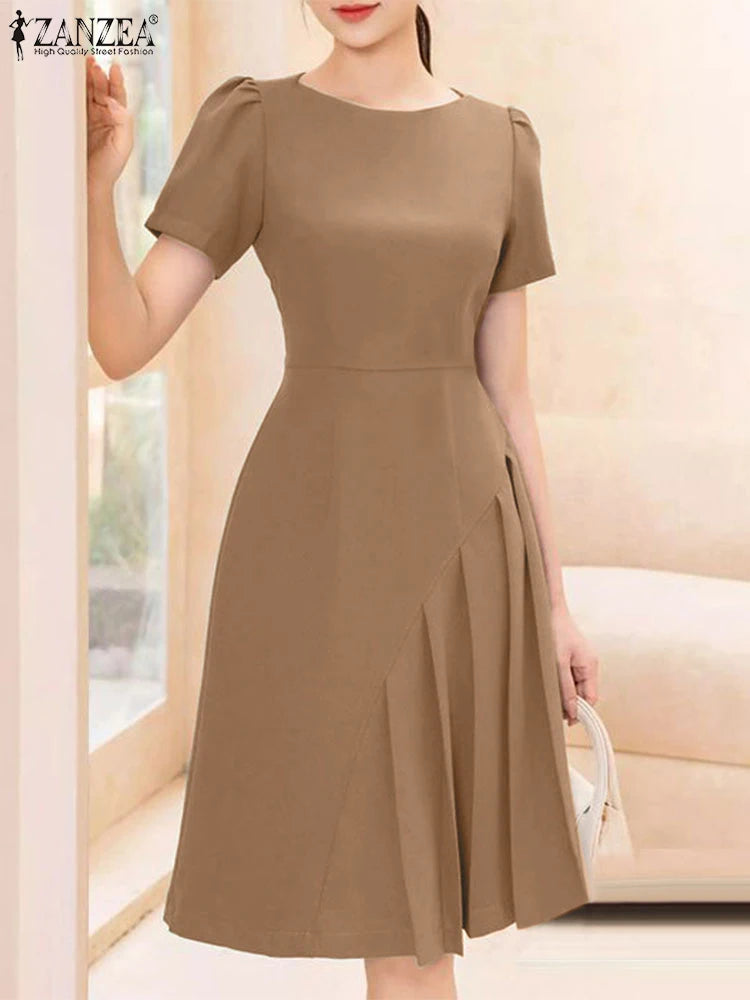 Elegant Pleated Dress ZANZEA Summer O Neck Short Sleeve Sundress Women Stylish Casual Work Party Vestidos Solid Knee Length Robe