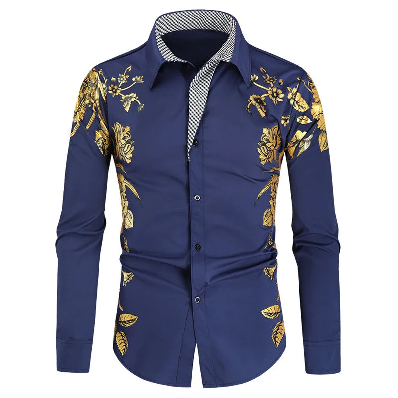 2024 Men's Brand Shirt, Luxury Gold High Quality Long Sleeve Shirts, Business White Black Men Dress Prom Social Print Shirts