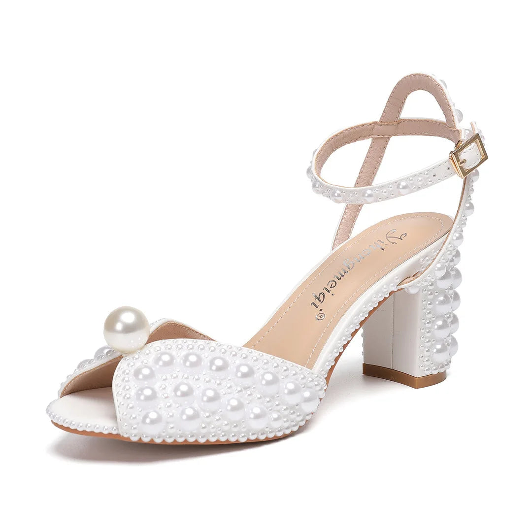 2024 Autumn New Fish Mouth High Heels Slim Heels Shallow Mouth Water Diamond Pearl Women's Single Shoes Wedding Wedding Shoes