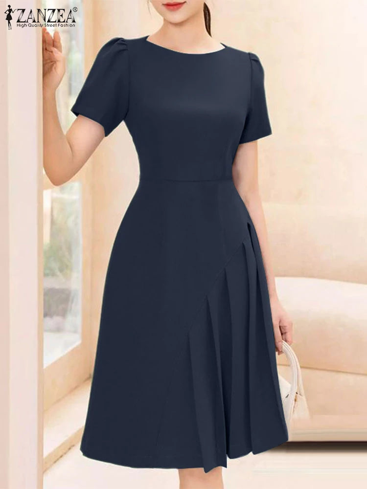 Elegant Pleated Dress ZANZEA Summer O Neck Short Sleeve Sundress Women Stylish Casual Work Party Vestidos Solid Knee Length Robe