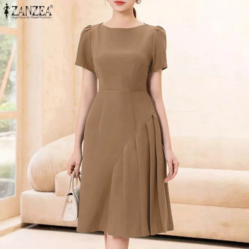 Elegant Pleated Dress ZANZEA Summer O Neck Short Sleeve Sundress Women Stylish Casual Work Party Vestidos Solid Knee Length Robe