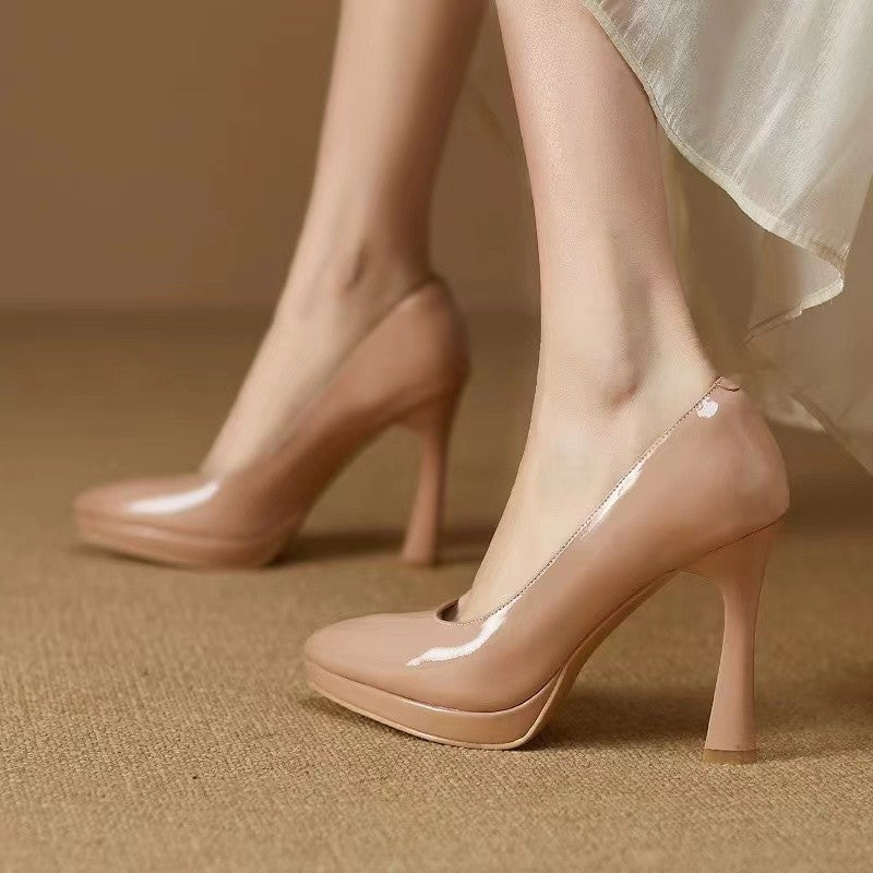 Low-cut Waterproof Platform Gentle Bright Leather Pumps Professional Women's Shoe